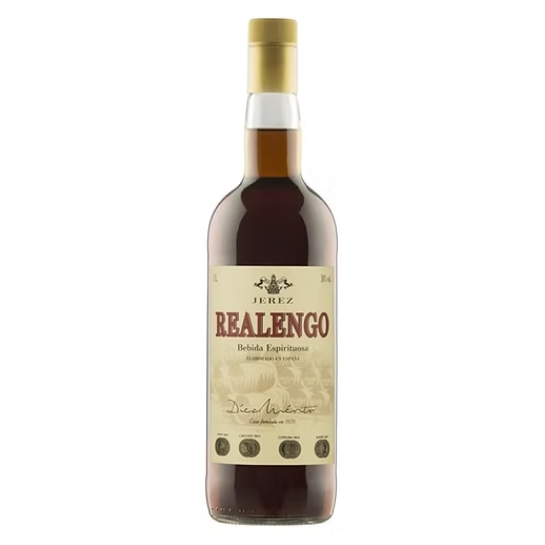Garrafa da Bebida Espirituosa Jerez Realengo da Bodega Díez Mérito, blend branco de Jerez de la Frontera, destacando o rótulo elegante e a cor âmbar dourado.