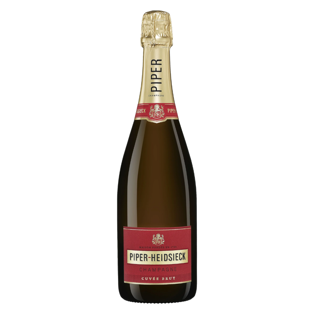 Garrafa do Champagne Piper Heidsieck Cuvée Brut 750 ml da Piper-Heidsieck em fundo branco, destacando o rótulo frontal dourado.