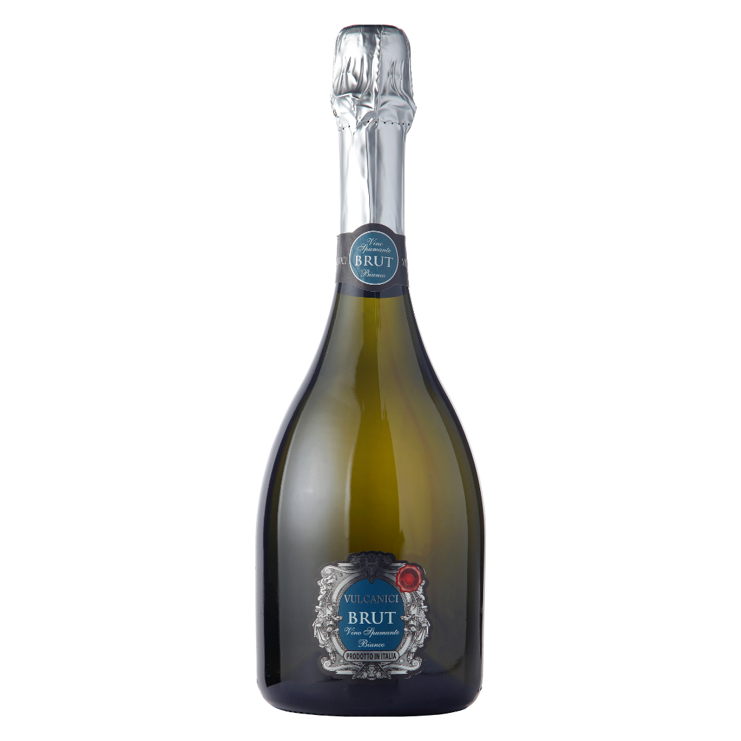 Garrafa do Espumante Brut Branco Vulcanici 750ml em fundo branco, destacando o rótulo frontal.
