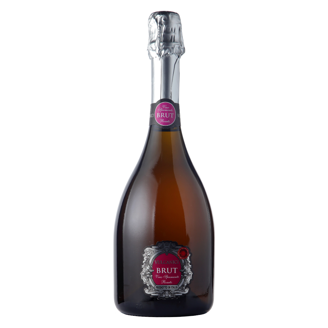 Garrafa do Espumante Brut Rosé Vulcanici 750ml em fundo branco, destacando o rótulo frontal.