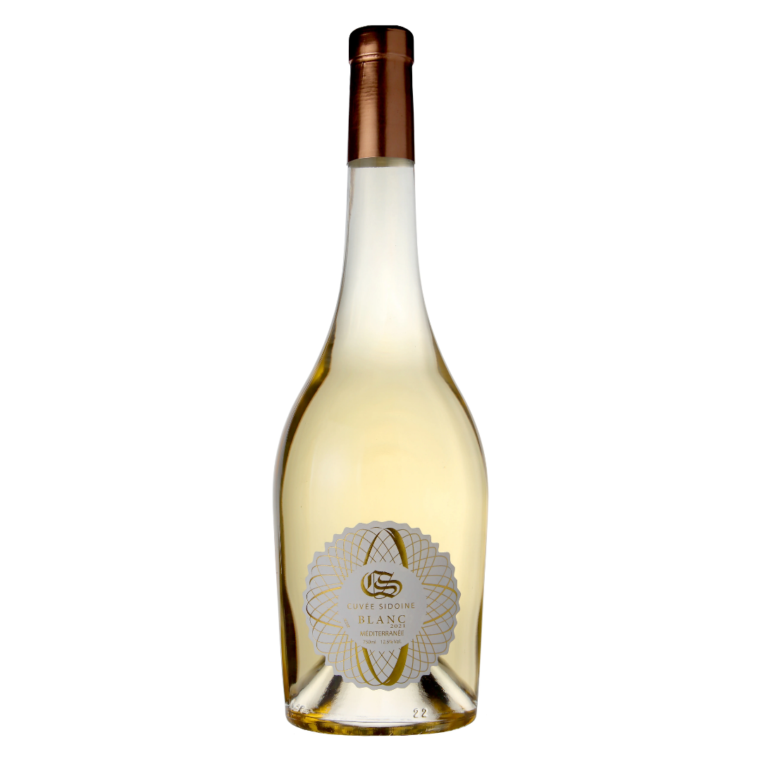Garrafa do espumante francês Cuvée Sidoine IGP Méditerranée 750ml em fundo claro, destacando o rótulo frontal e a cor amarelo claro brilhante do espumante.