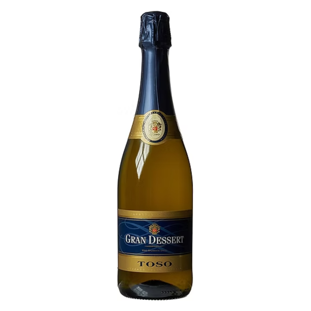 Garrafa do Espumante Toso Gran Dessert Dolce 750ml em fundo branco, destacando o rótulo elegante e a cor amarelo-palha com reflexos dourados.