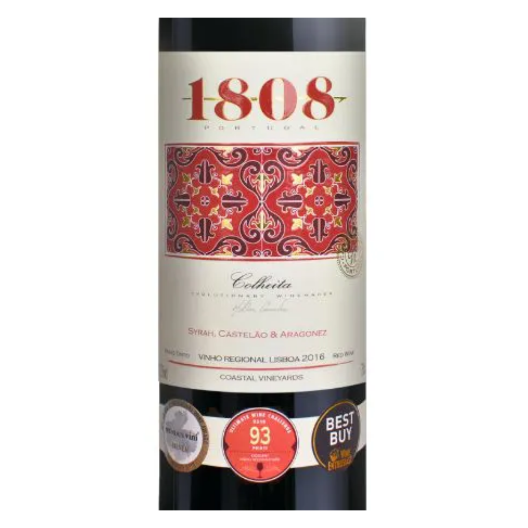 Close-up do rótulo do vinho 1808 Colheita Regional Lisboa 750ml, mostrando o nome da Casca Wines e a denominação Regional Lisboa.