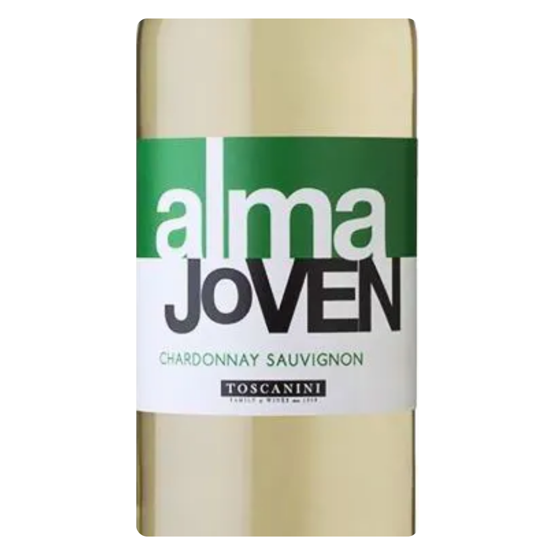 Close-up do rótulo do vinho Alma Joven Chardonnay-Sauvignon Blanc 750ml, mostrando o nome da Bodega Juan Toscanini e a denominação Paso Cuello.