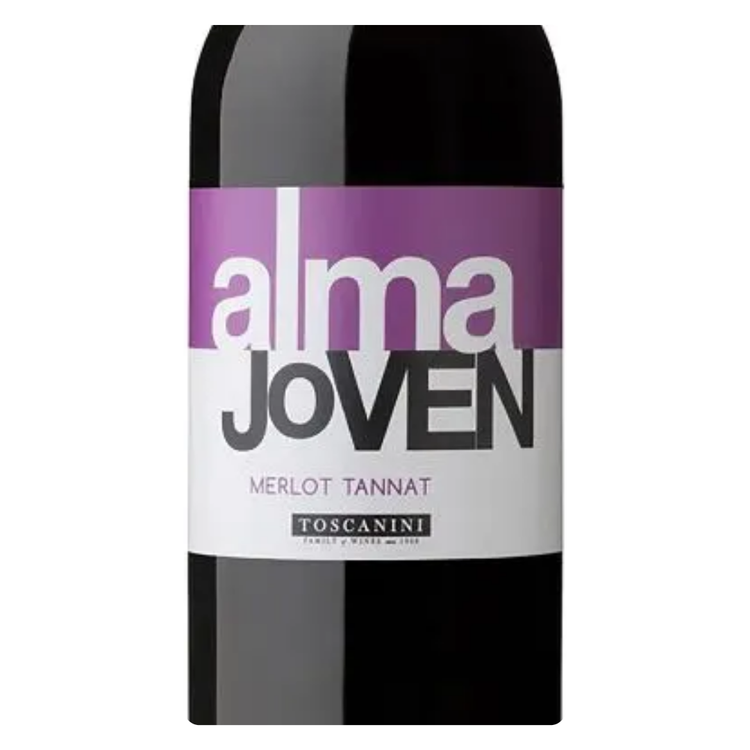 Close-up do rótulo do vinho Alma Joven Tannat-Merlot 750ml, mostrando o nome da Bodega Juan Toscanini e a denominação Paso Cuello.