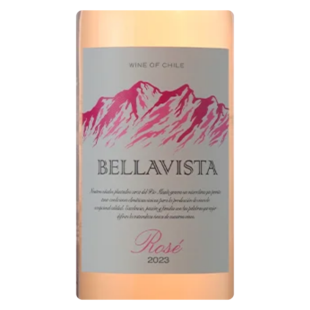 Close-up do rótulo do vinho Bellavista Rosé 750ml, mostrando o nome da vinícola, as variedades de uva e a menção ao Vale do Maule.