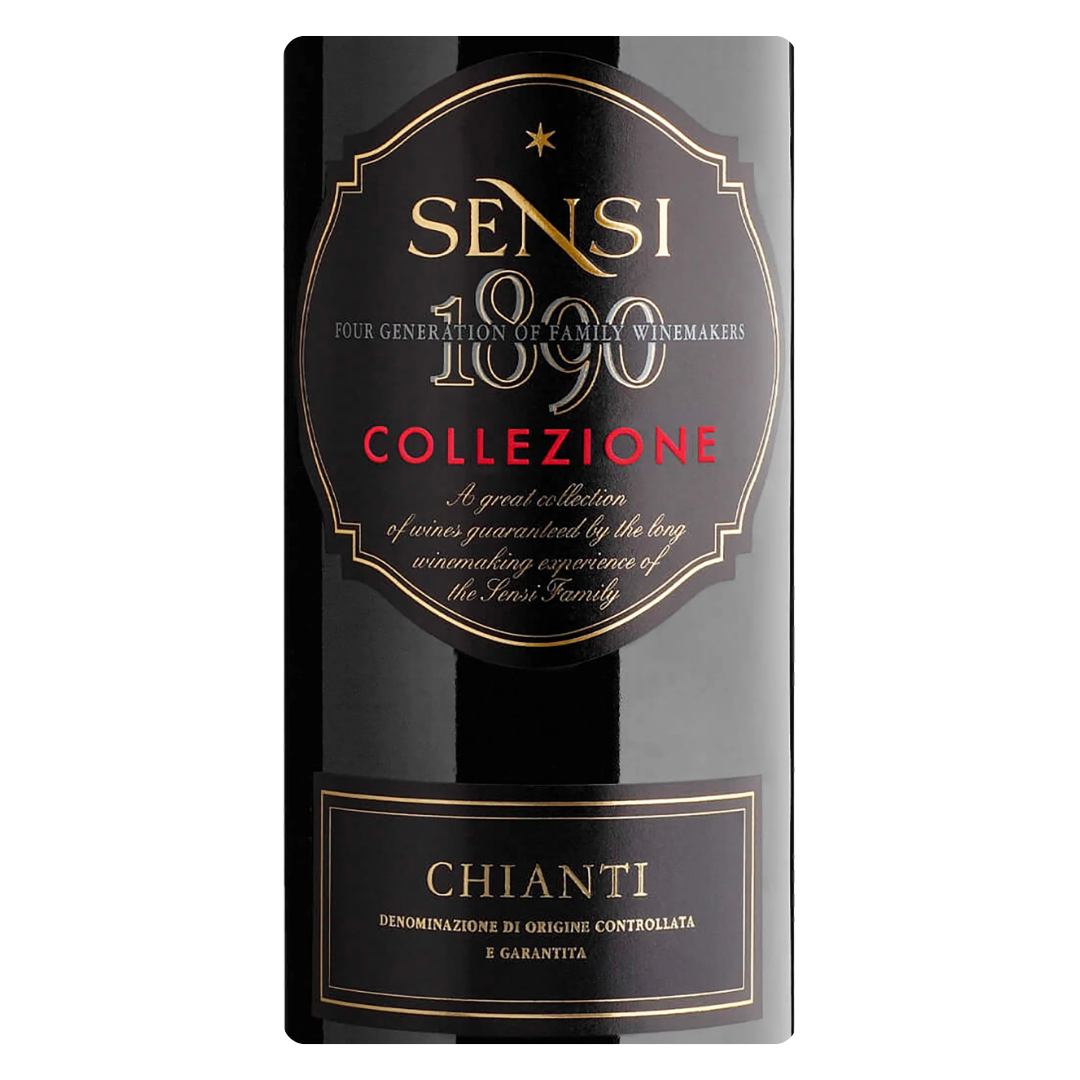 Close-up do rótulo do vinho Chianti DOCG Collezione, mostrando o nome da vinícola Sensi Winemakers, a denominação DOCG e o volume de 750 ml.