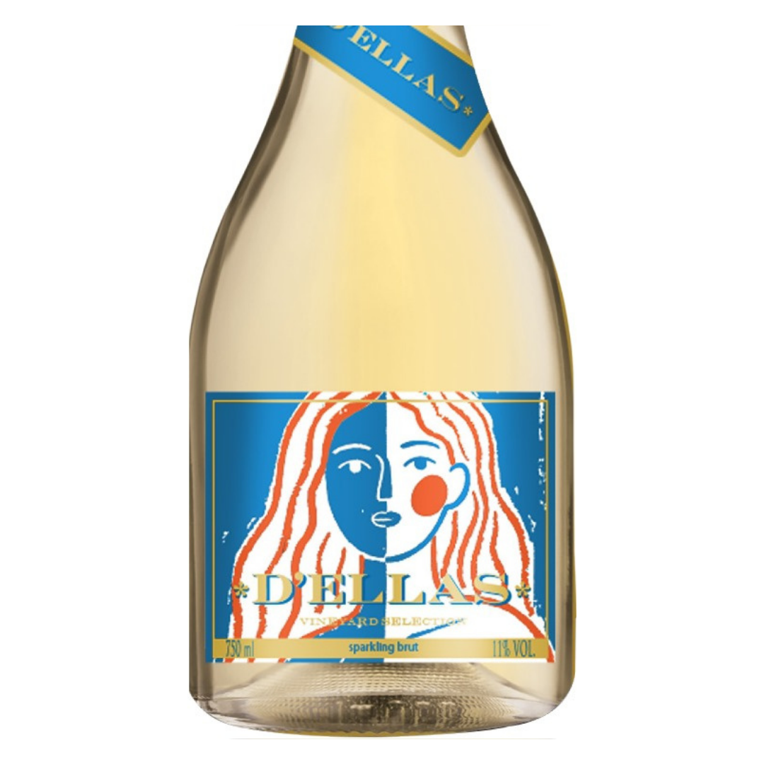 Close-up do rótulo do Espumante D'ELLAS Brut Branco, mostrando o nome, a indicação "Brut Branco" e as assinaturas de Maiara e Maraísa.