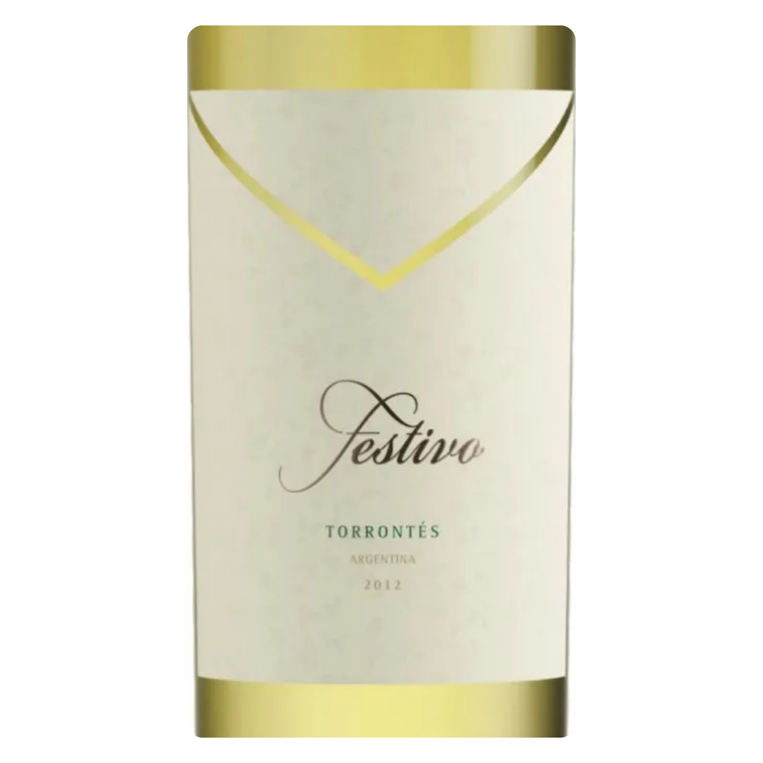 Close-up do rótulo do vinho Festivo Torrontés 750ml da Bodega Monteviejo, mostrando o nome da vinícola e a denominação Vale do Uco, Mendoza.