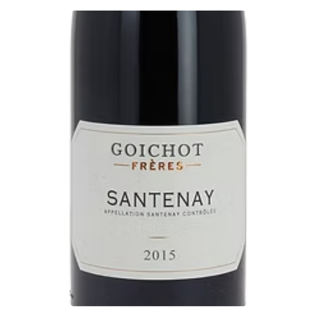 Close-up do rótulo do vinho Maison Goichot Frères Santenay Rouge, mostrando o nome da maison, a denominação Santenay e a variedade Pinot Noir.