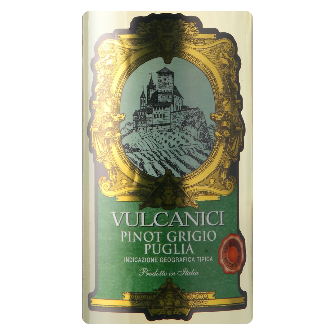 Close-up do rótulo do vinho Ita Vulcanici Pinot Grigio, mostrando o nome da vinícola Caldirola, a denominação Puglia IGT e detalhes da uva Pinot Grigio