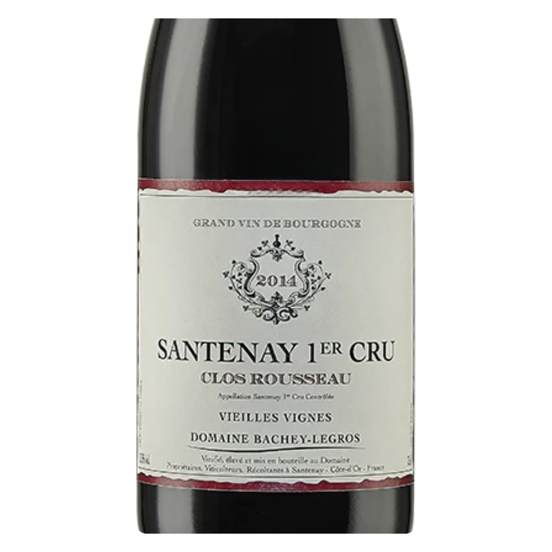 Close-up do rótulo do vinho Maison Goichot Frères Santenay 1er Cru "Clos Rousseau" 1998, mostrando o nome da vinícola, a denominação AOC Bourgogne e a safra.