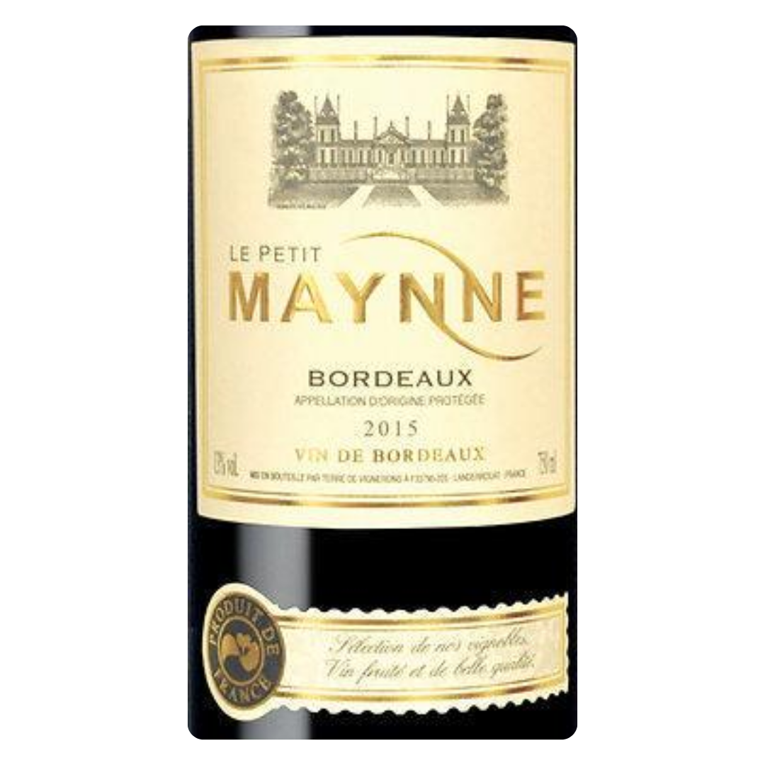 Close-up do rótulo do vinho Petit Maynne Bordeaux, mostrando o nome da vinícola Terre de Vignerons, a região Bordeaux e o volume de 750 ml.