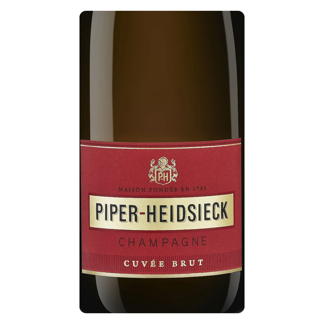 Close-up do rótulo do Champagne Piper Heidsieck Cuvée Brut, mostrando o nome da Maison Piper-Heidsieck, o tipo Brut e o volume de 750 ml.