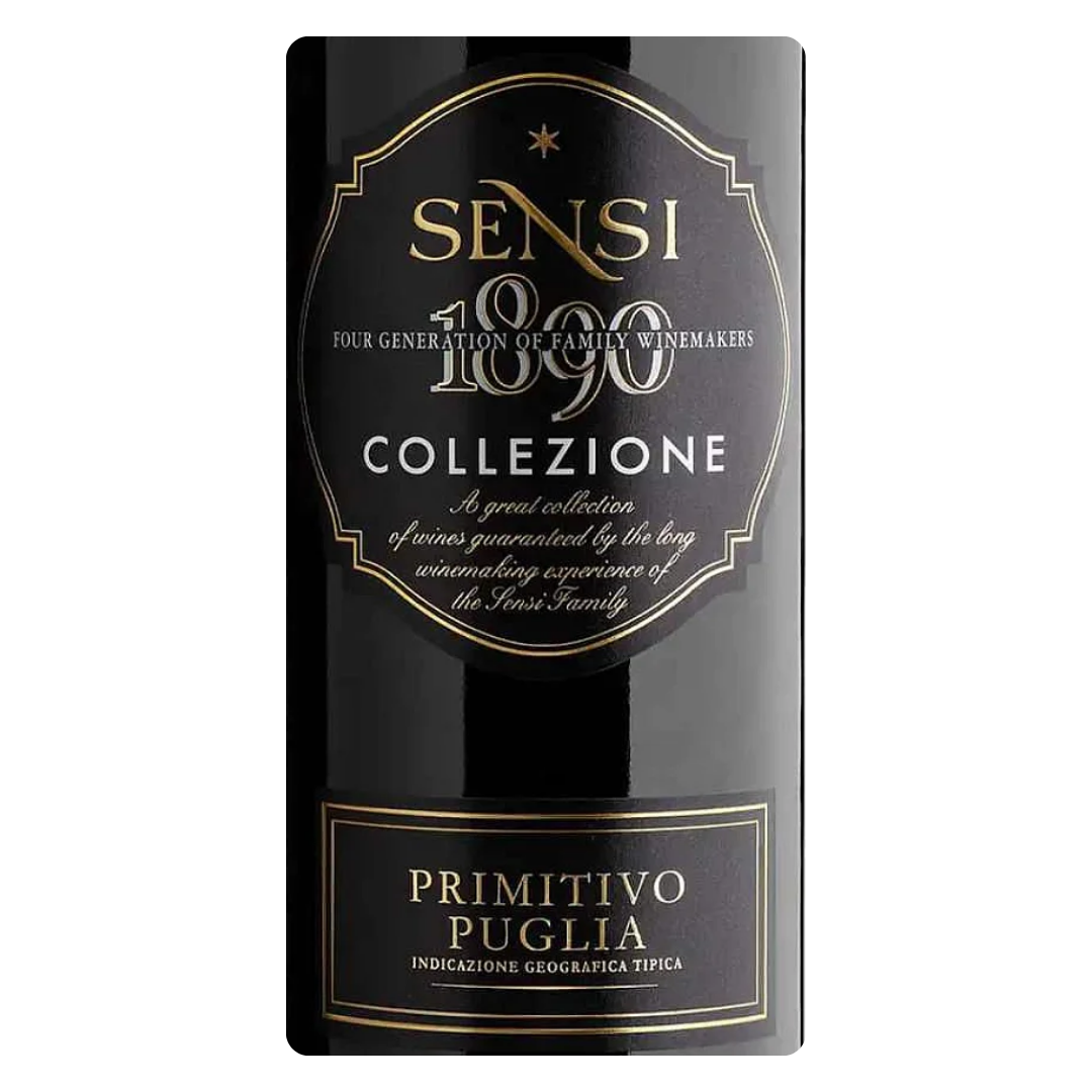Close-up do rótulo do vinho Primitivo IGT Puglia Collezione, mostrando o nome da vinícola Sensi Winemakers, a denominação IGT e o volume de 750 ml.