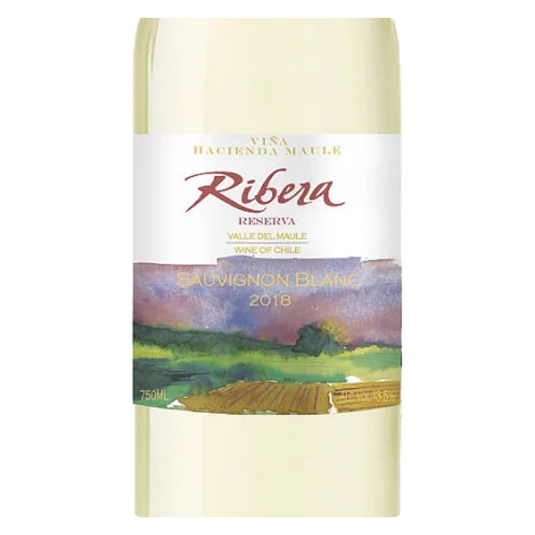 Close-up do rótulo do vinho Ribera Reserva Sauvignon Blanc, mostrando o nome da vinícola, a uva e a denominação Reserva.