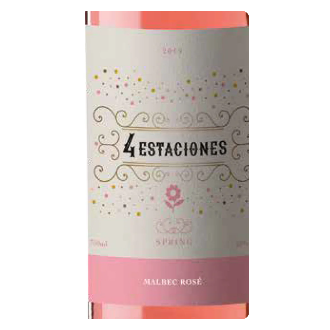Close-up do rótulo do vinho State Spring 4 Estaciones Rosé, mostrando o nome da vinícola Los Haroldos, o tipo Rosé e o volume de 750 ml.