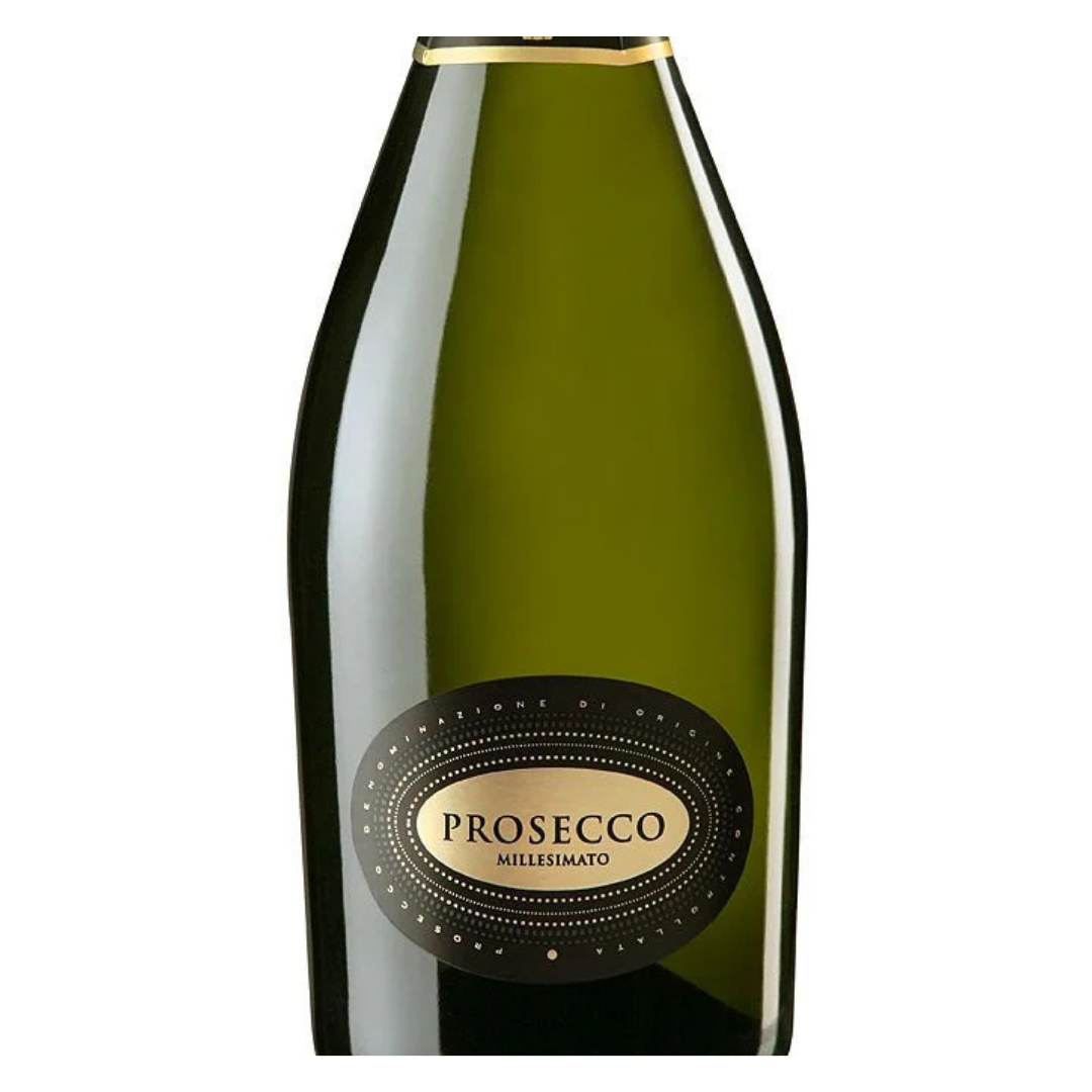 Close-up do rótulo do espumante Toso Prosecco Millesimato, mostrando a denominação DOC, a safra (Millesimato) e o nome do produtor.