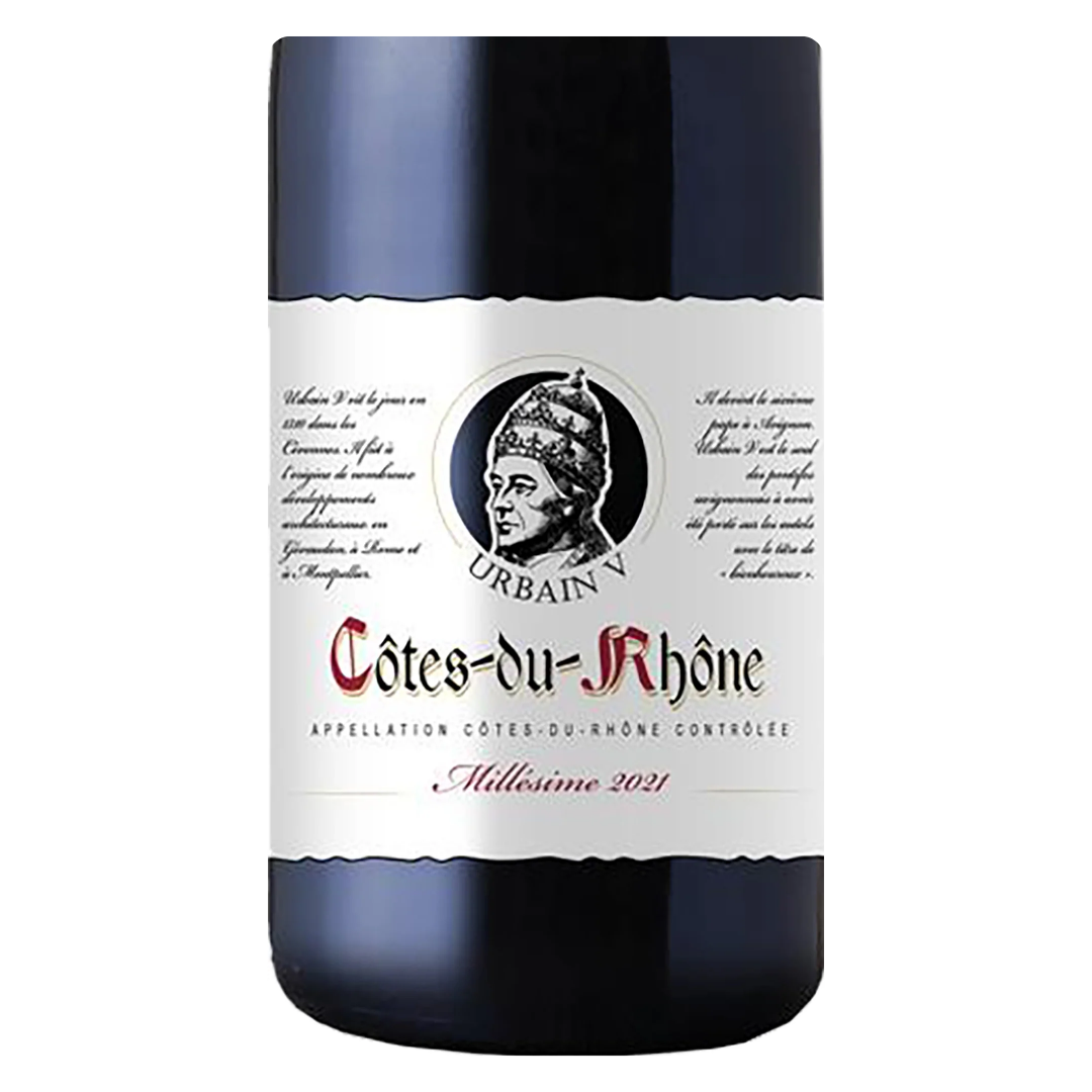 Close-up do rótulo do vinho Urbain V Côtes du Rhône, mostrando o nome do vinho, a appellation AOC e a vinícola Gabriel Meffre.
