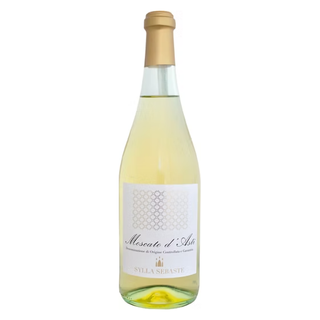 Garrafa do Sylla Sebaste Moscato d'Asti DOCG branco do Piemonte, Itália, destacando o rótulo elegante e a cor amarelo-palha delicada.