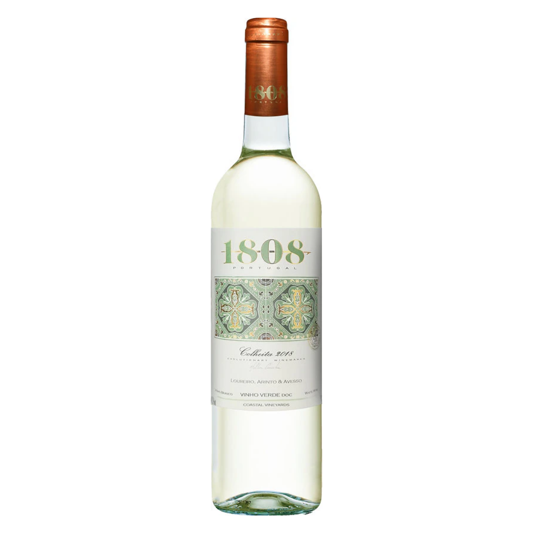Garrafa do vinho branco português 1808 Colheita Verde Doc da Casca Wines em fundo branco, destacando o rótulo frontal.