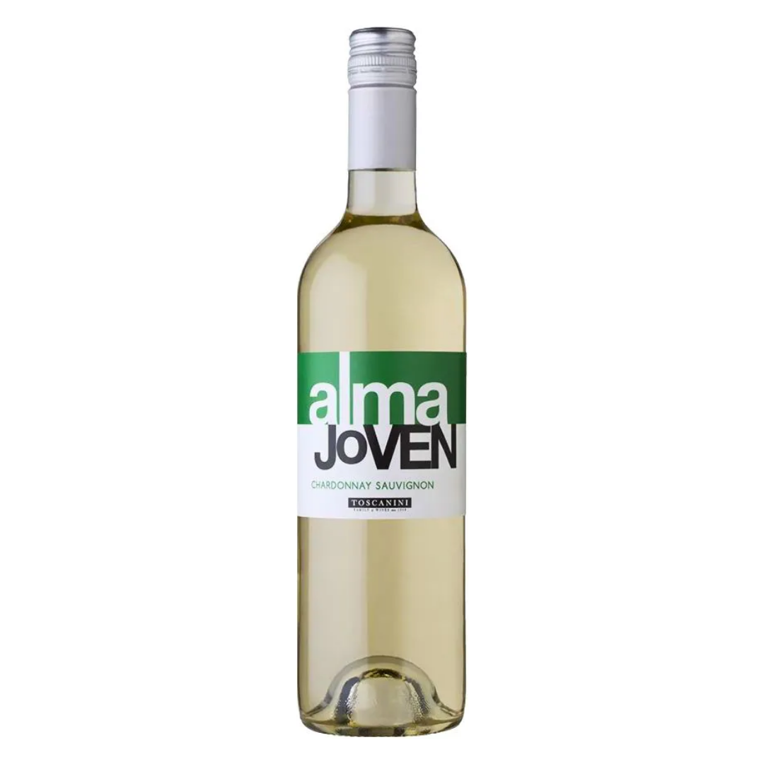 Garrafa do vinho branco uruguaio Alma Joven Chardonnay-Sauvignon Blanc 750ml em fundo branco, destacando o rótulo frontal com menção à Bodega Juan Toscanini e à região de Paso Cuello.