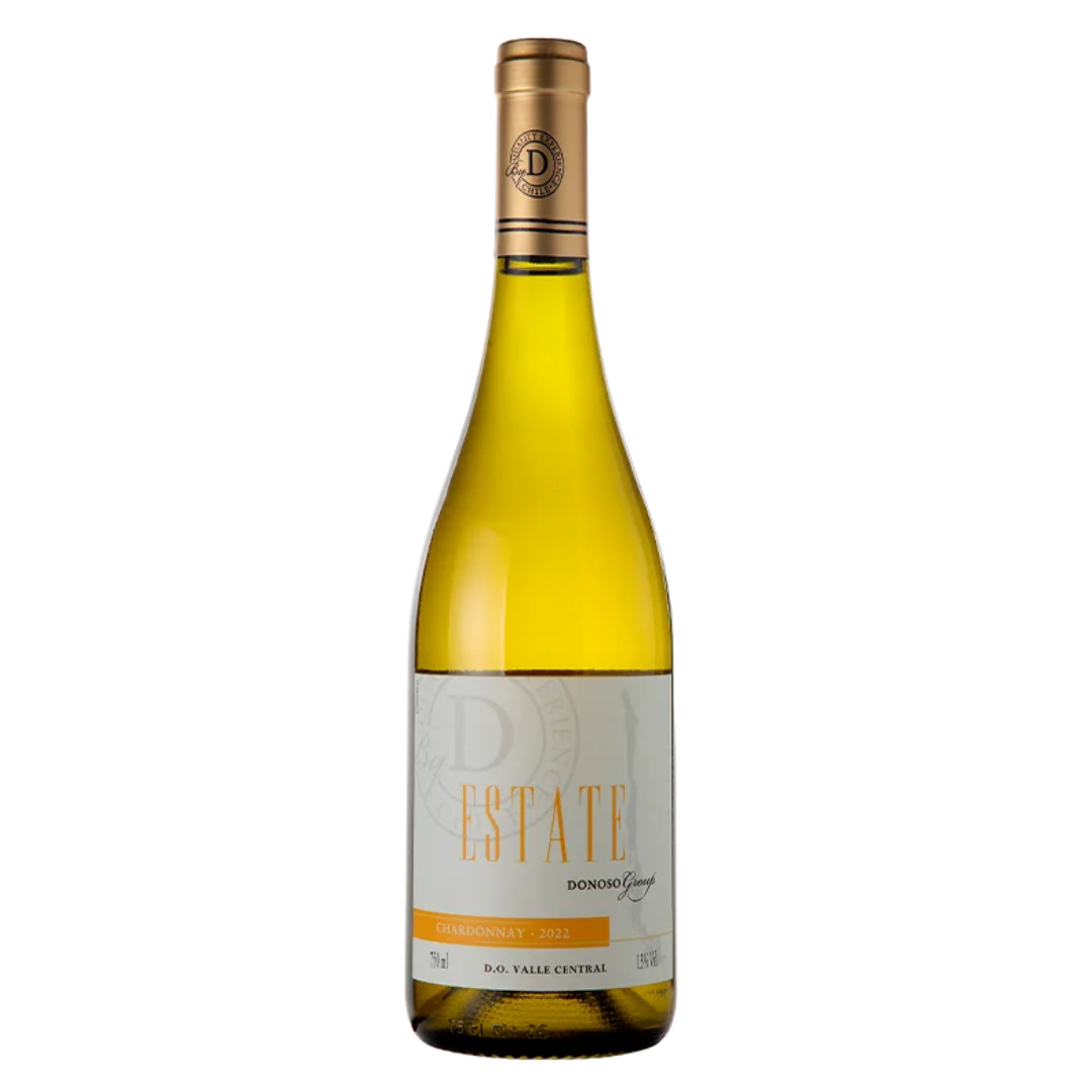 Garrafa do vinho branco chileno Casa Donoso Group State Chardonnay 750ml em fundo branco, destacando o rótulo frontal com menção à variedade Chardonnay.
