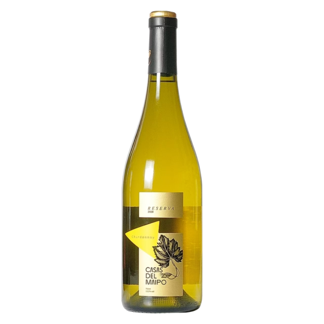 Garrafa do vinho branco chileno Casas Del Maipo Reserva Chardonnay em fundo branco, destacando o rótulo frontal.