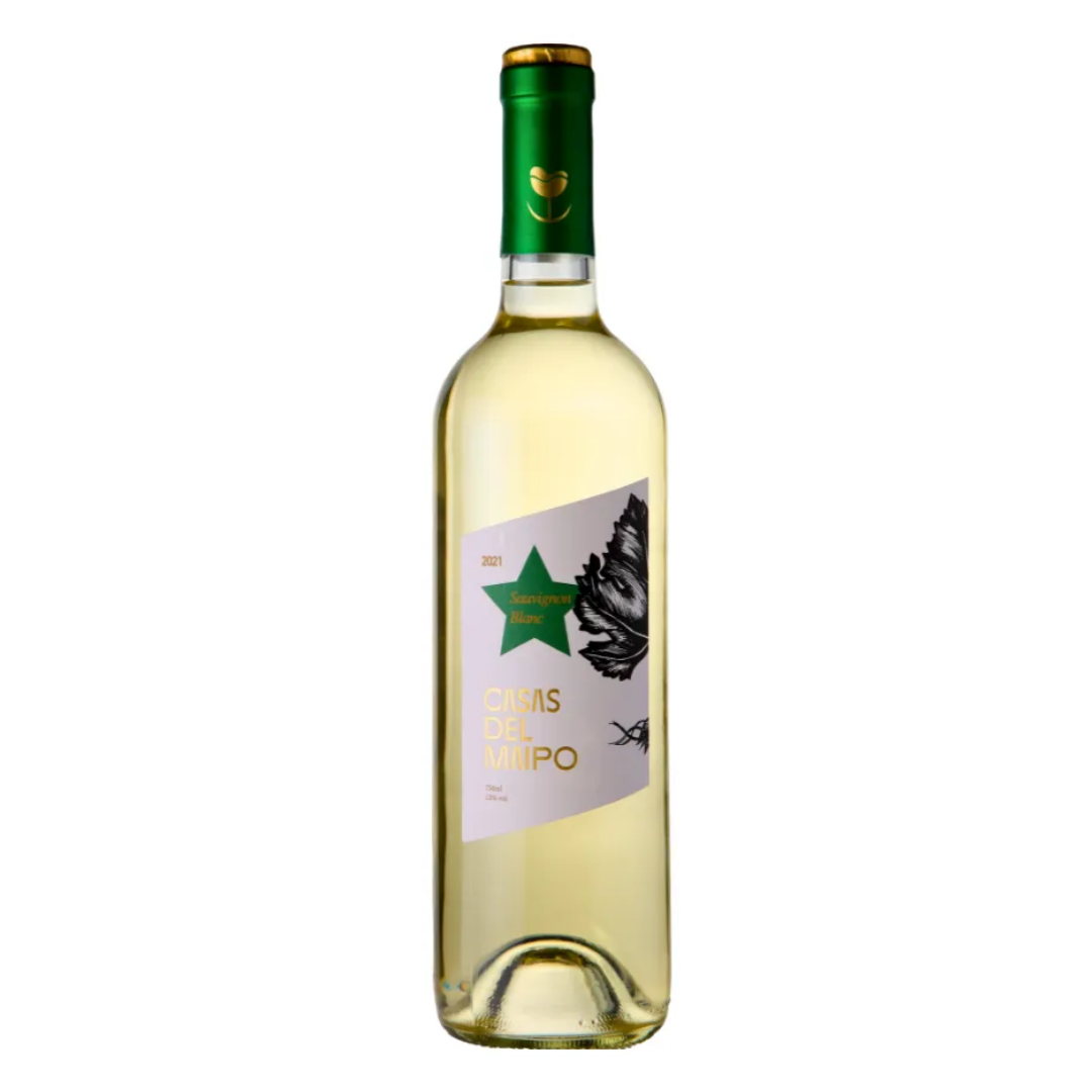 Garrafa do vinho branco chileno Casas Del Maipo Sauvignon Blanc 750 ml da Viña Marty em fundo branco, destacando o rótulo frontal.