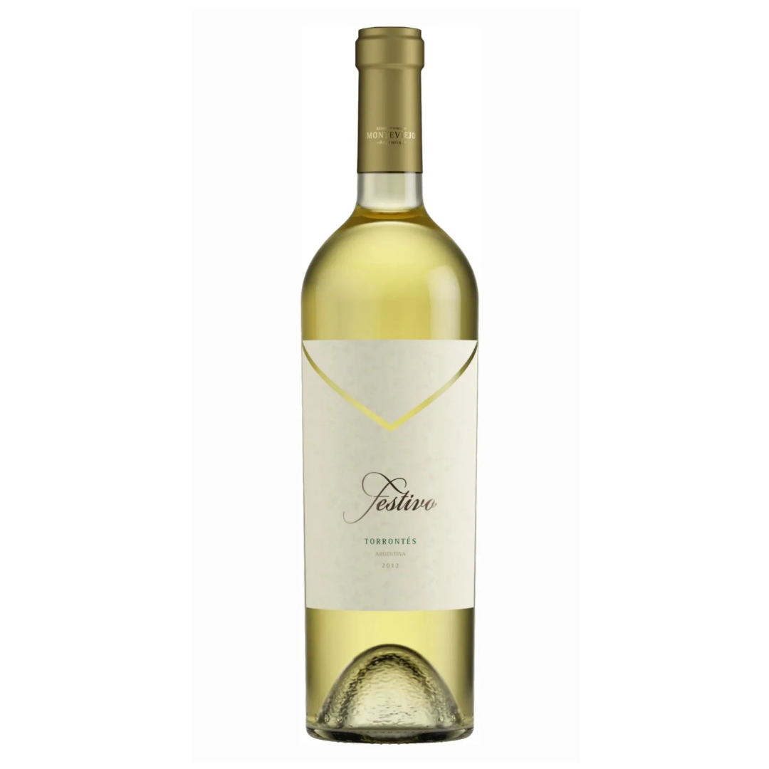 Garrafa do vinho branco argentino Festivo Torrontés 750ml da Bodega Monteviejo em fundo branco, destacando o rótulo frontal com menção à vinícola e à região do Vale do Uco, Mendoza.
