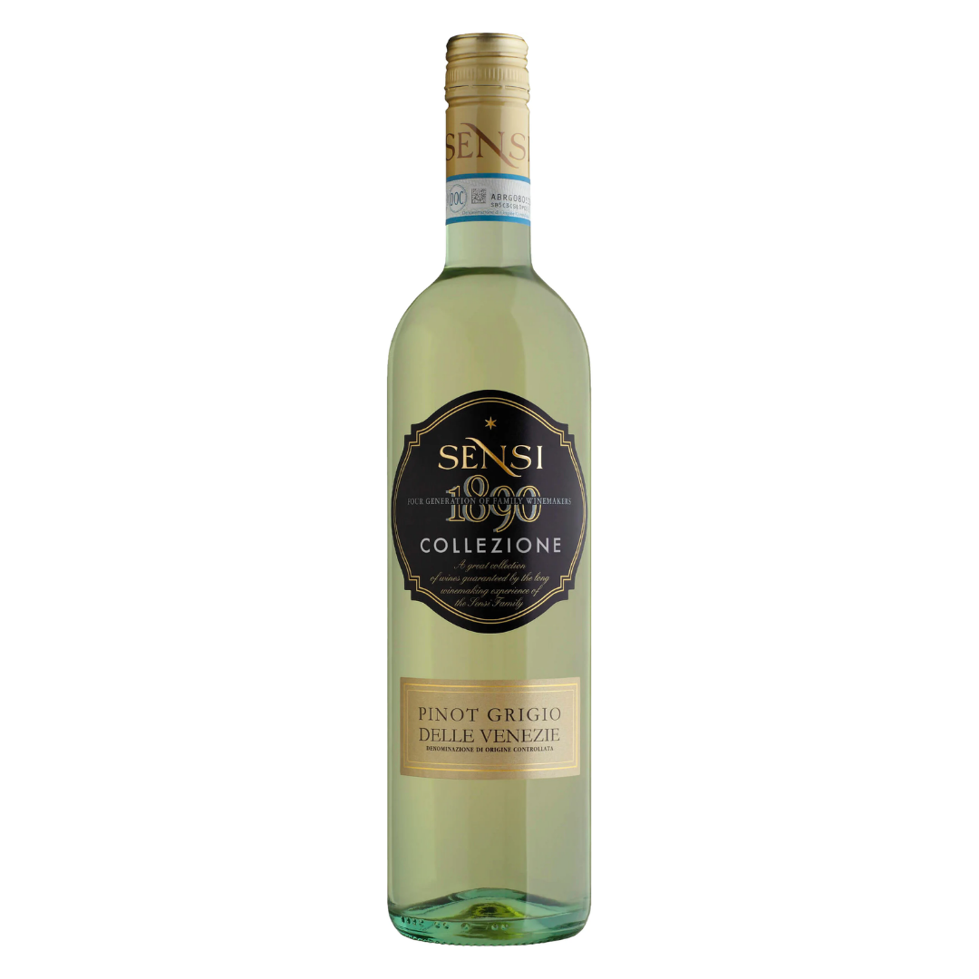 Garrafa do vinho branco italiano Pinot Grigio Delle Venezie DOC Collezione 750 ml da Sensi Winemakers em fundo branco, destacando o rótulo frontal.