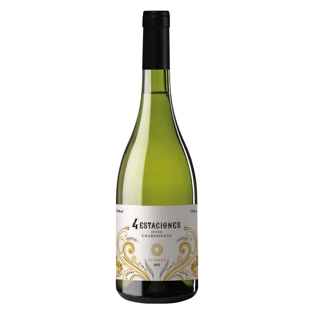 Garrafa do vinho branco argentino Premium Summer 4 Estaciones Chardonnay da Los Haroldos em fundo branco, destacando o rótulo frontal.