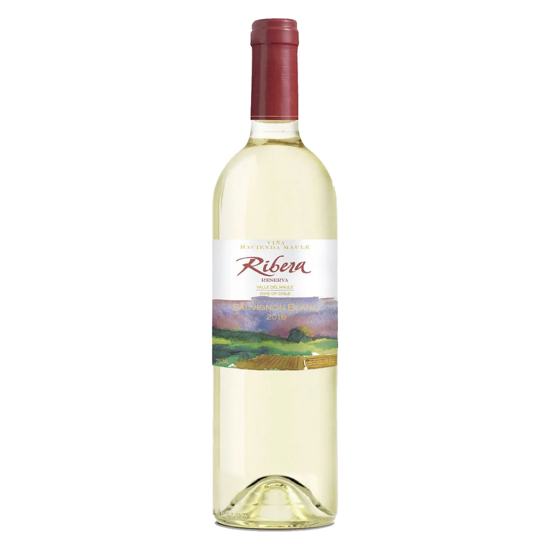 Garrafa do vinho branco chileno Ribera Reserva Sauvignon Blanc em fundo branco, destacando o rótulo frontal.