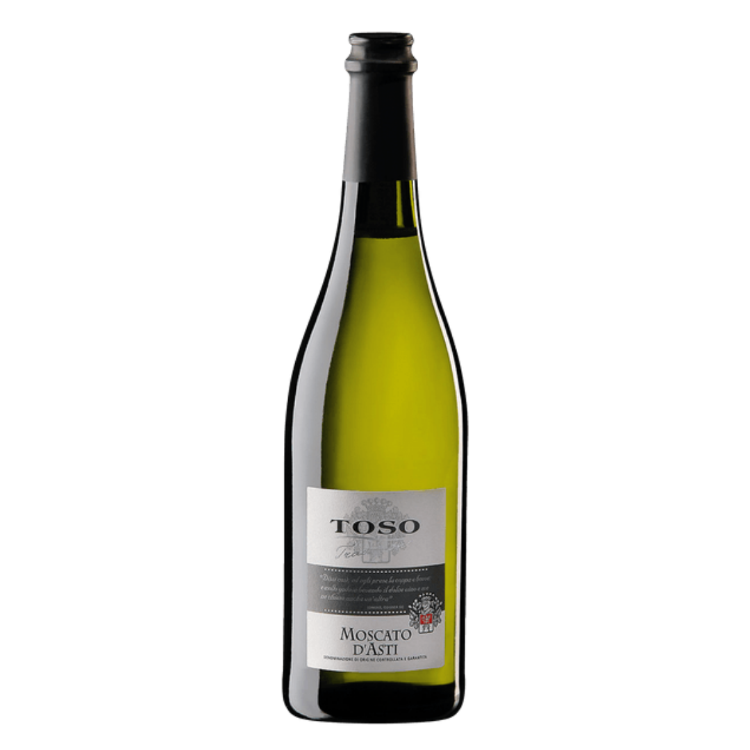 Garrafa do vinho branco Toso Moscato d'Asti DOCG 2020 em fundo branco, destacando o rótulo elegante e a cor amarelo-palha brilhante característica do Moscato.