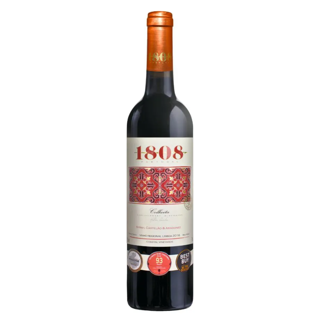 Garrafa do vinho tinto português 1808 Colheita Regional Lisboa 750ml em fundo branco, destacando o rótulo frontal com menção à Casca Wines e à região de Lisboa.