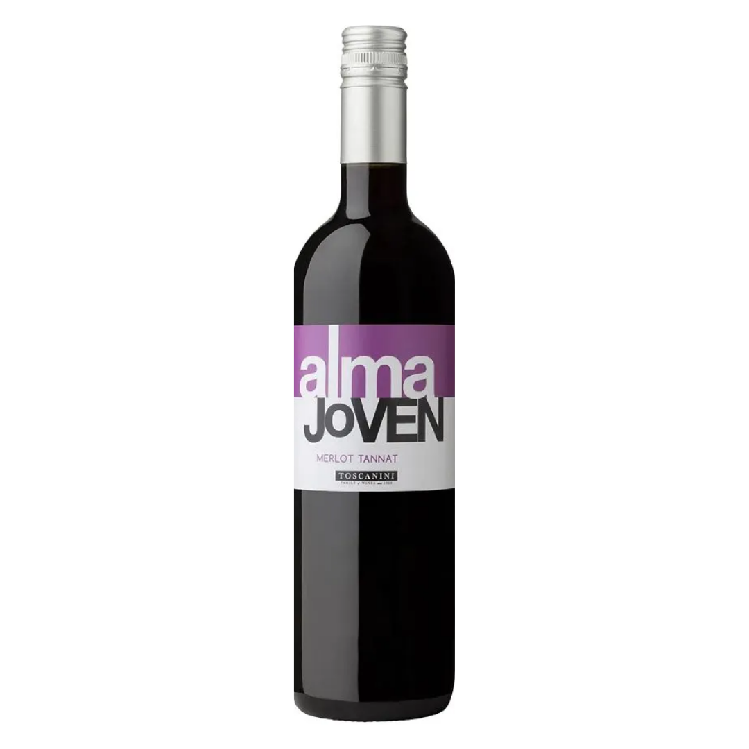 Garrafa do vinho tinto uruguaio Alma Joven Tannat-Merlot 750ml em fundo branco, destacando o rótulo frontal com menção à Bodega Juan Toscanini e à região de Paso Cuello.