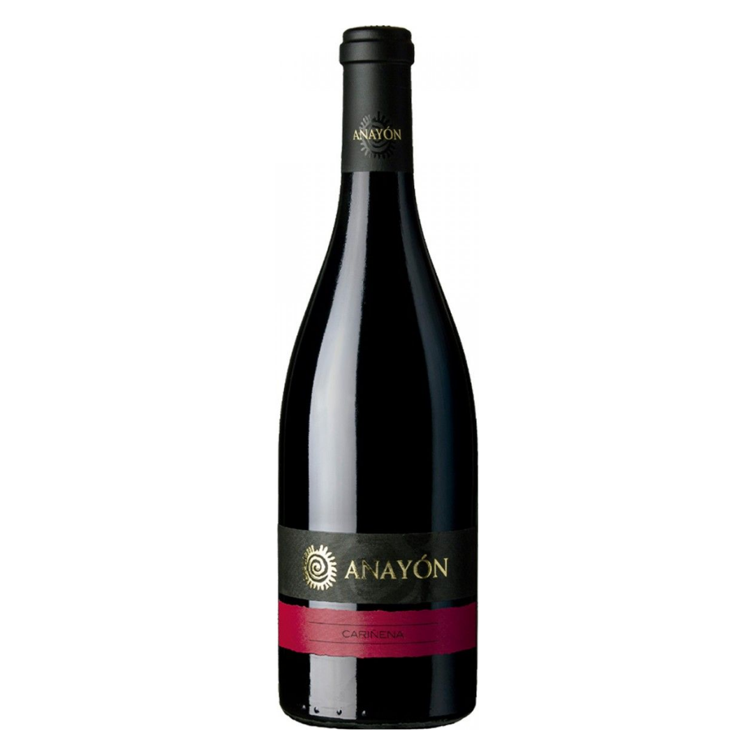 Garrafa do vinho tinto espanhol Anayón Cariñena D.O. Cariñena 100% Cariñena, destacando o rótulo elegante e a cor rubi brilhante.