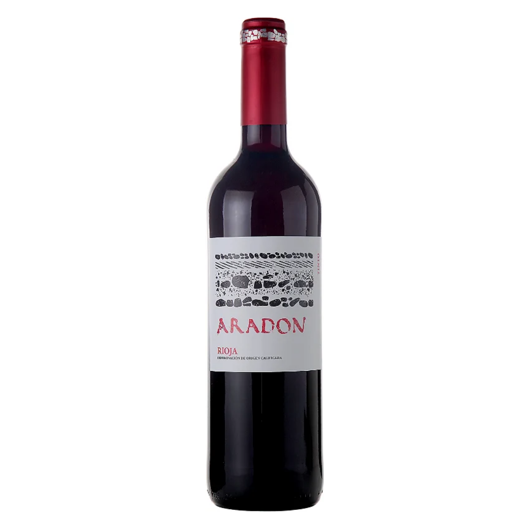 Garrafa do vinho tinto espanhol Aradón Tinto 750ml da D.O. Rioja em fundo branco, destacando o rótulo frontal da Bodegas Aradón.