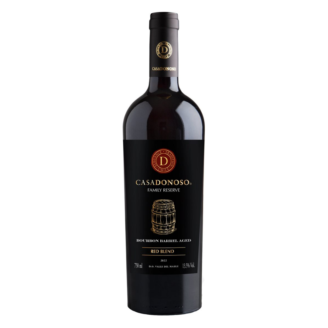 Garrafa do vinho tinto chileno Casa Donoso Bourbon Barrel Aged Cabernet Sauvignon 750ml em fundo branco, destacando o rótulo frontal com menção ao envelhecimento em barricas de Bourbon.