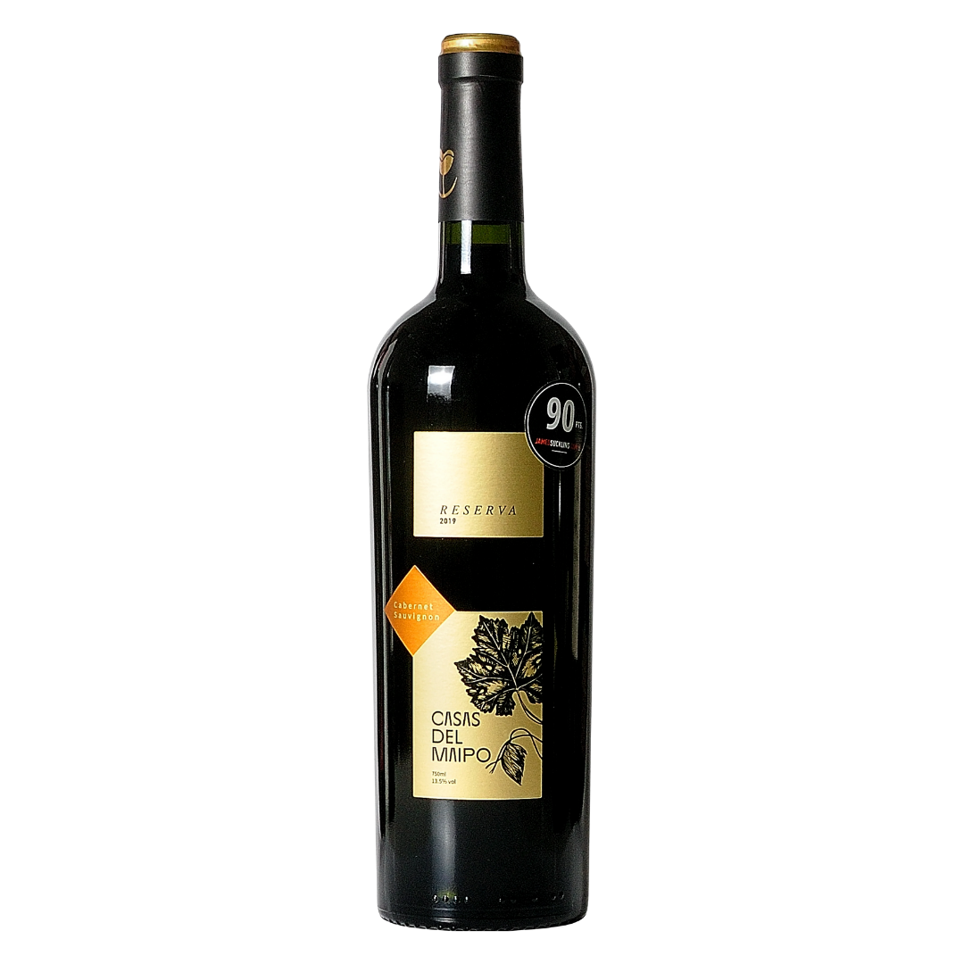 Garrafa do vinho tinto chileno Casas Del Maipo Reserva Cabernet Sauvignon em fundo branco, destacando o rótulo frontal