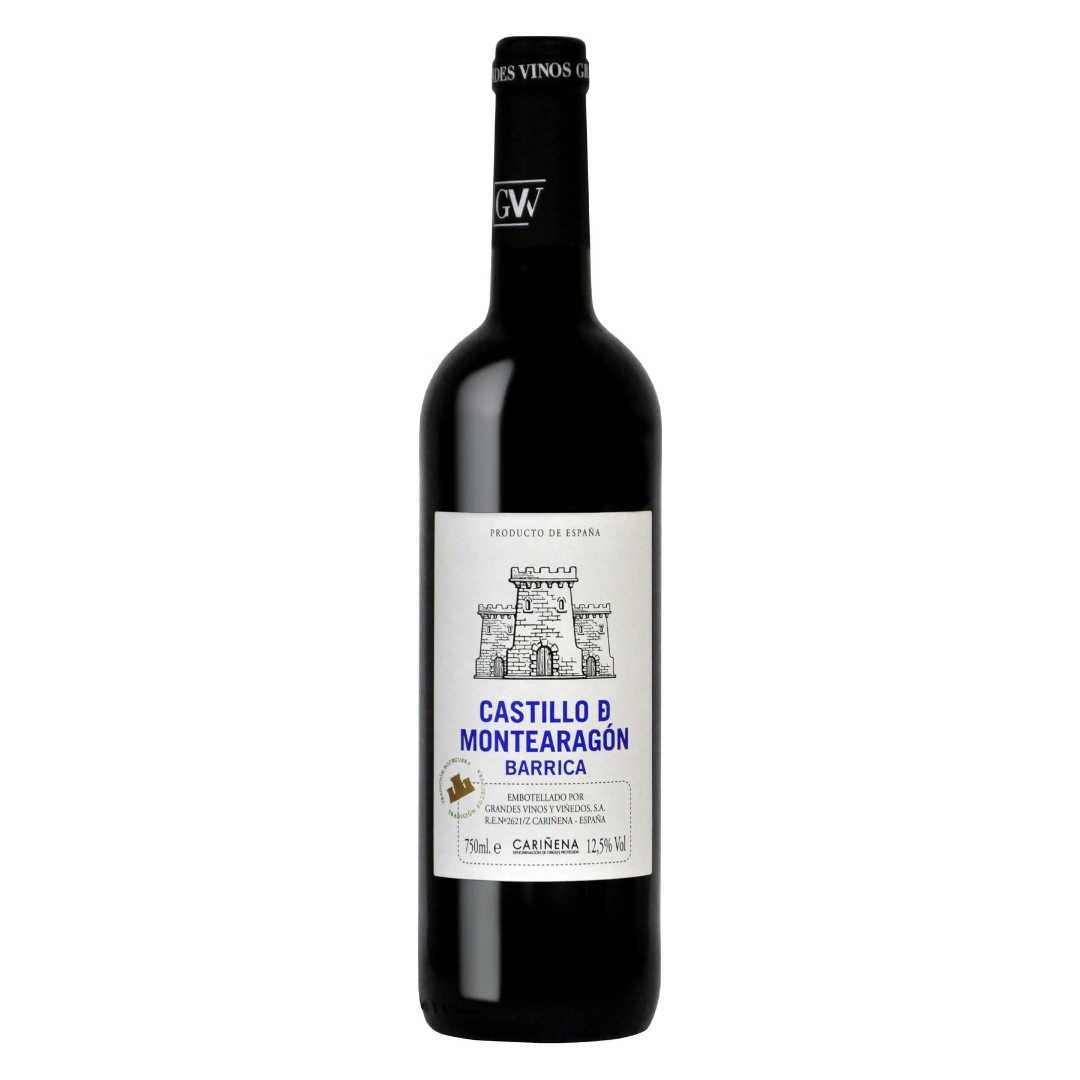 Garrafa do vinho tinto espanhol Castillo de Montearagón Tempranillo Barrica 750ml em fundo branco, destacando o rótulo frontal com menção à D.O. Cariñena.
