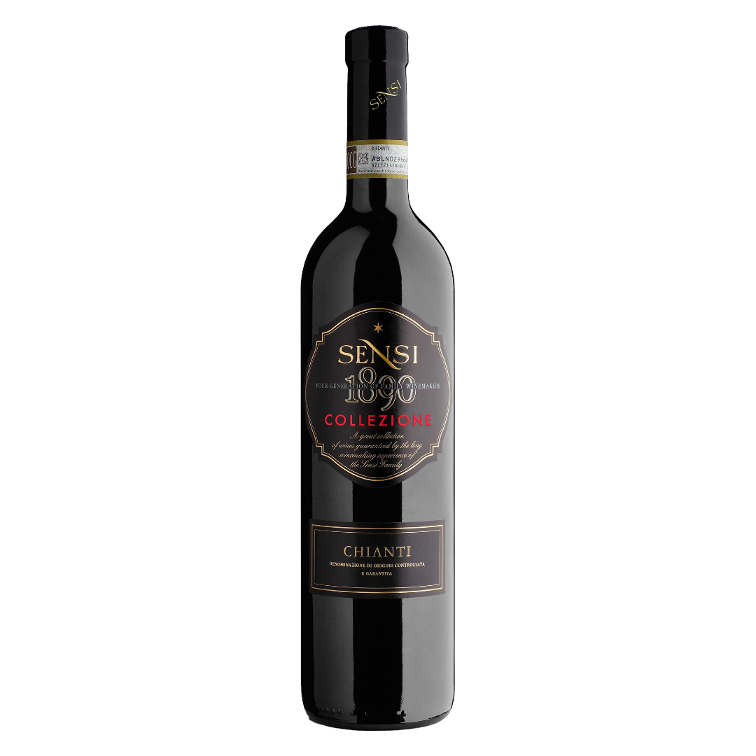 Garrafa do vinho tinto italiano Chianti DOCG Collezione Sangiovese 750 ml da Sensi Winemakers em fundo branco, destacando o rótulo frontal.