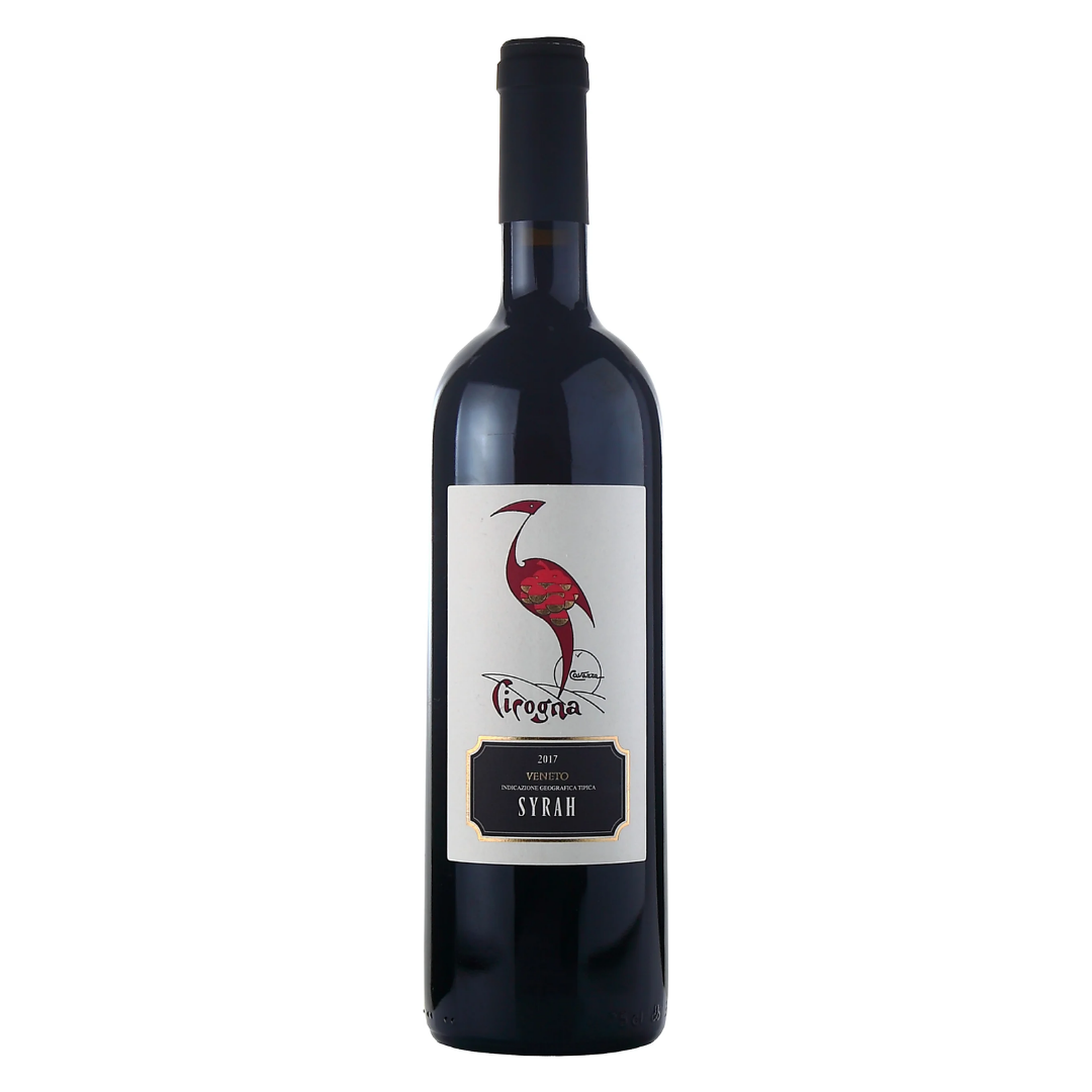 Garrafa do vinho tinto Cicogna Syrah Veneto IGT 2017 da Cavazza em fundo branco, destacando o rótulo elegante e a cor rubi intensa.