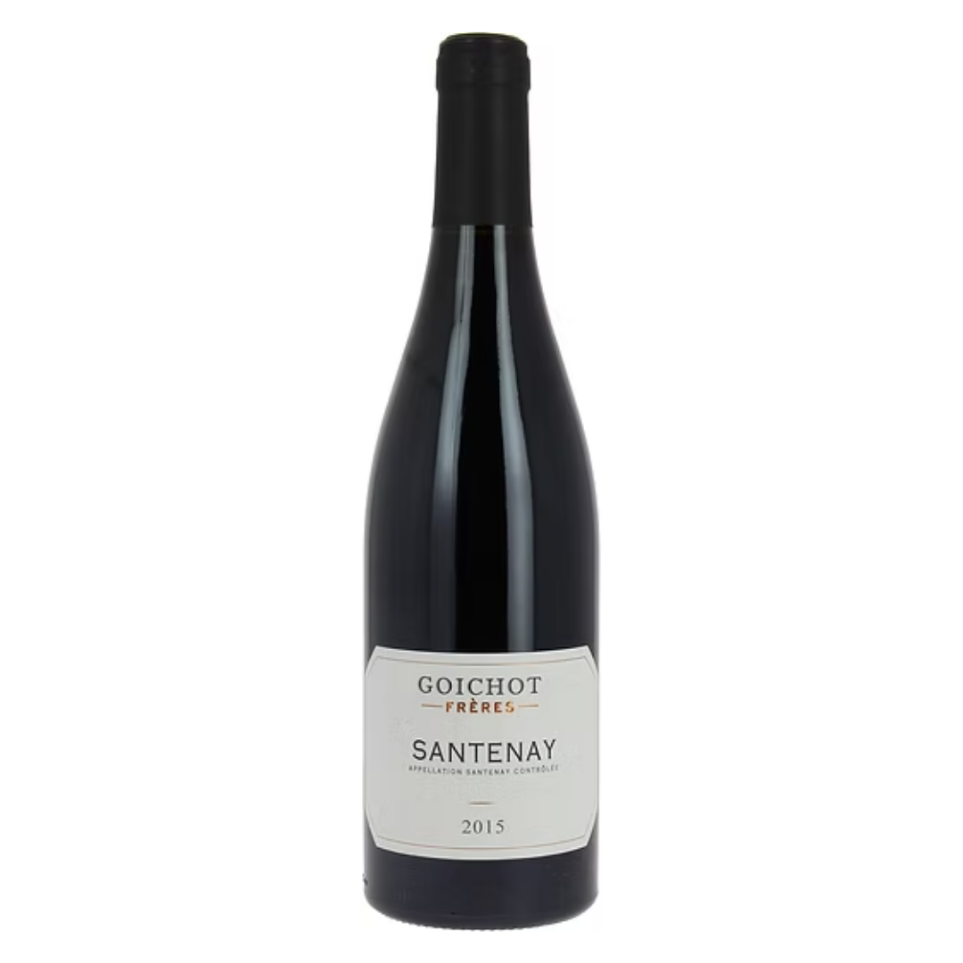 Garrafa do vinho tinto Maison Goichot Frères Santenay Rouge 1996, destacando o rótulo frontal e a cor rubi profunda.