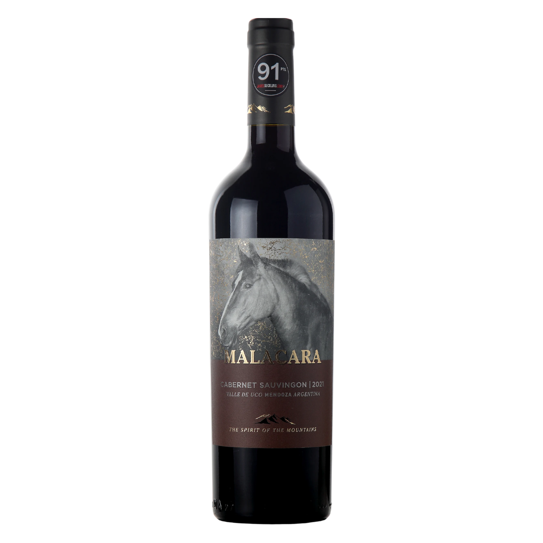 Garrafa do vinho tinto argentino Malacara Cabernet Sauvignon 750ml em fundo branco, destacando o rótulo frontal com menção à vinícola Kauzo Estates e à região de Mendoza.