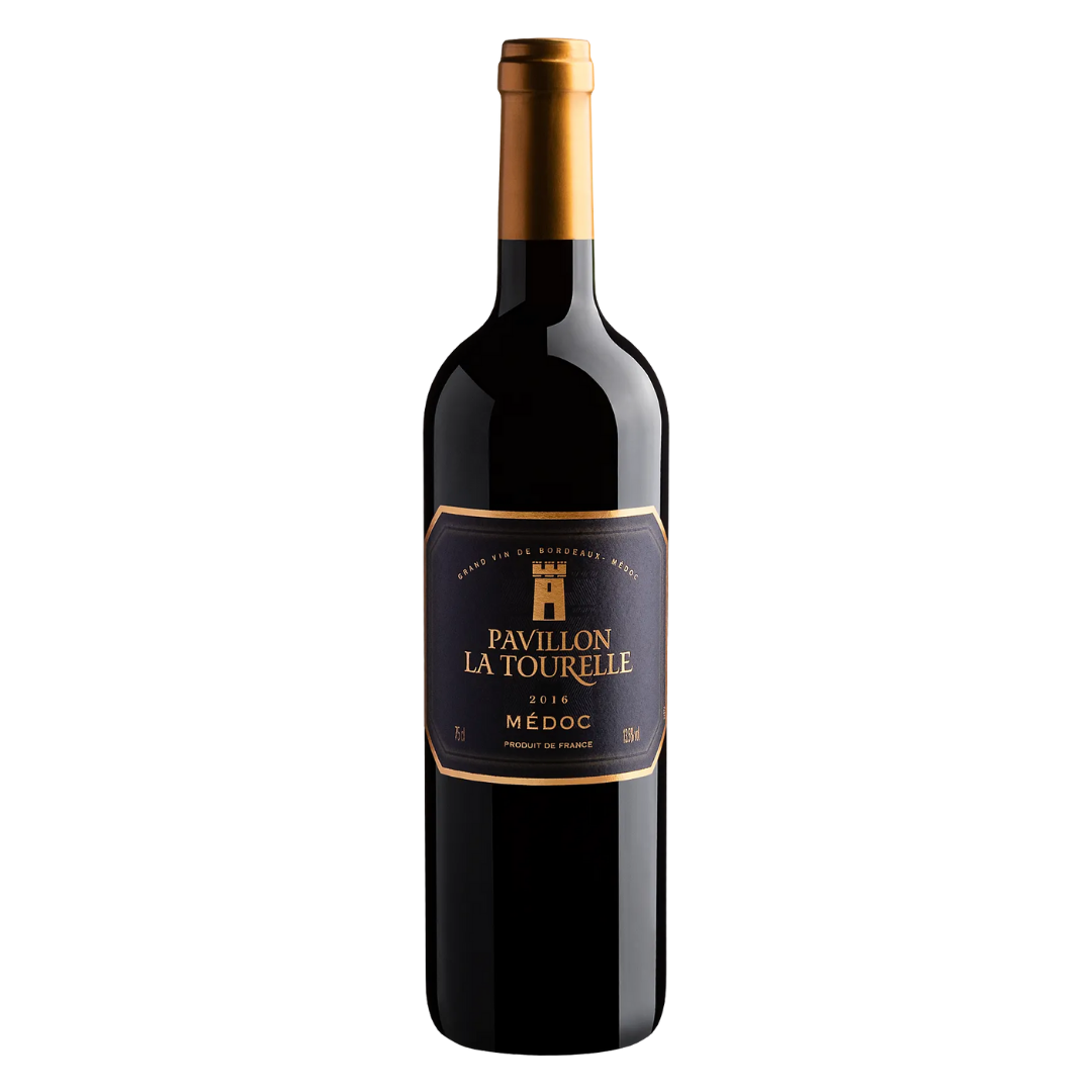 Garrafa do vinho tinto francês Pavillon La Tourelle AOC Médoc, blend de Merlot e Cabernet Sauvignon, em fundo branco, destacando o rótulo com símbolo da torre.