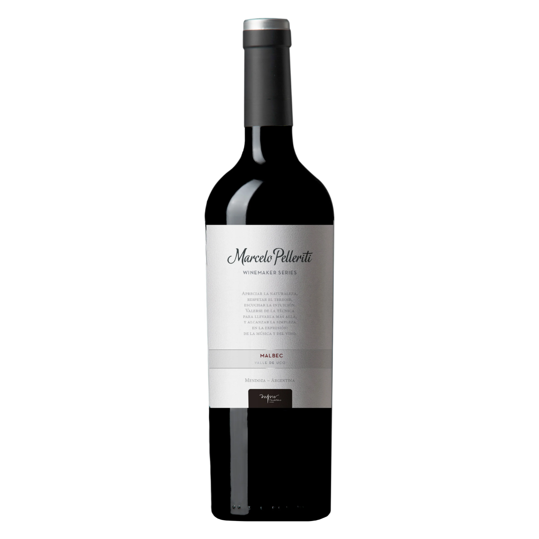 Garrafa do vinho tinto argentino Pelleriti Winemaker Malbec Series em fundo branco, destacando o rótulo frontal.