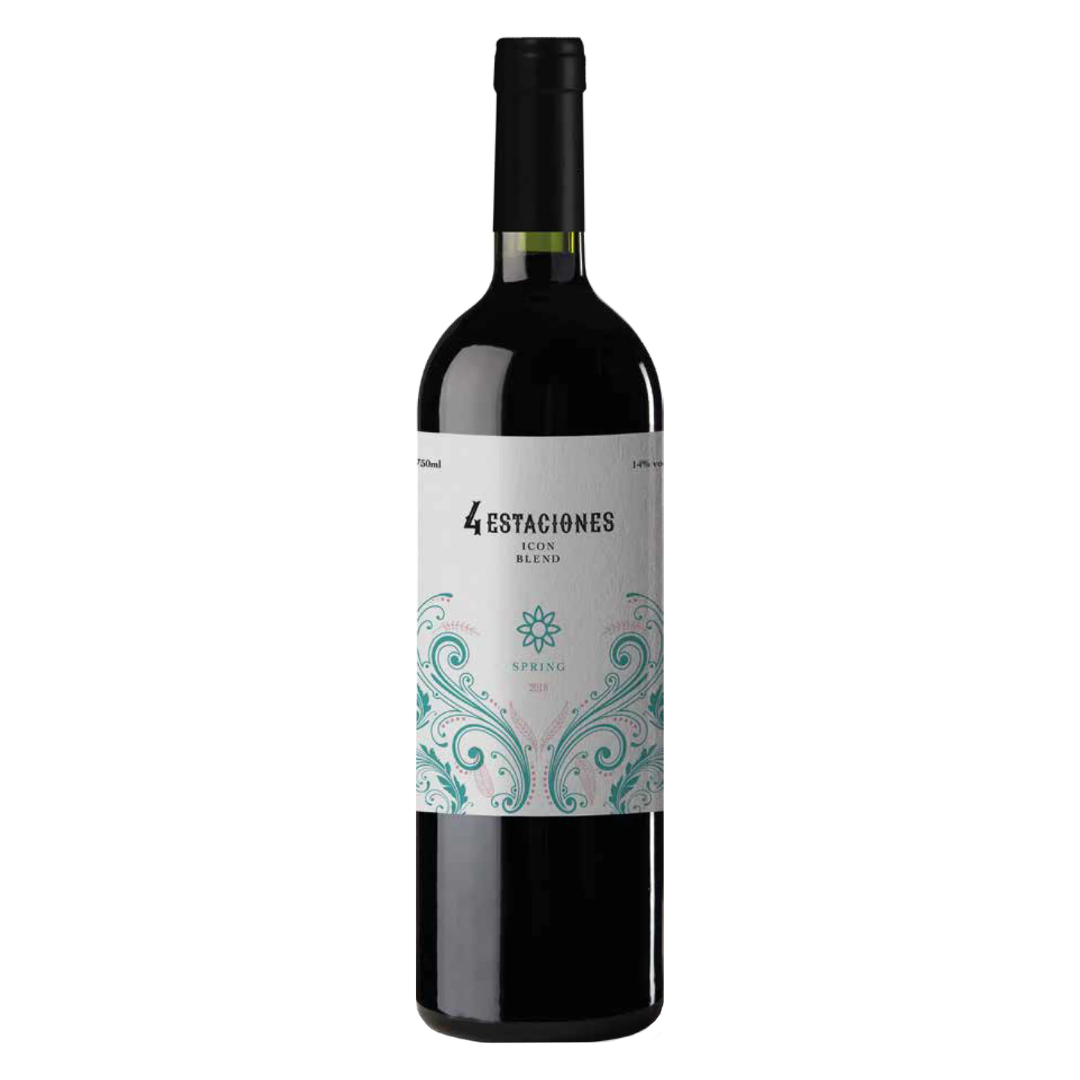 Garrafa do vinho tinto argentino Premium Spring 4 Estaciones Blend da Los Haroldos em fundo branco, destacando o rótulo frontal.
