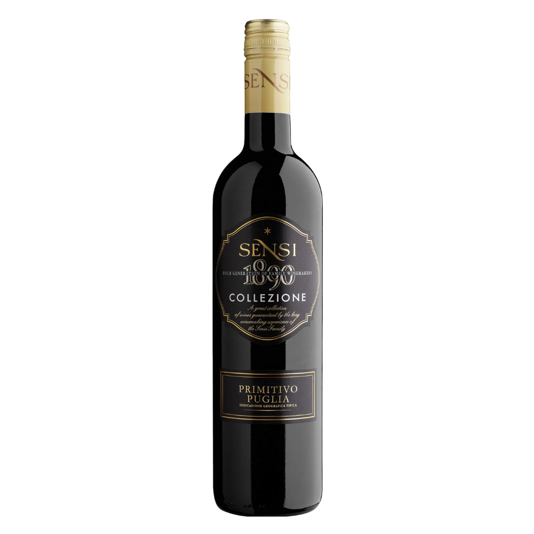 Garrafa do vinho tinto italiano Primitivo IGT Puglia Collezione 750 ml da Sensi Winemakers em fundo branco, destacando o rótulo frontal.