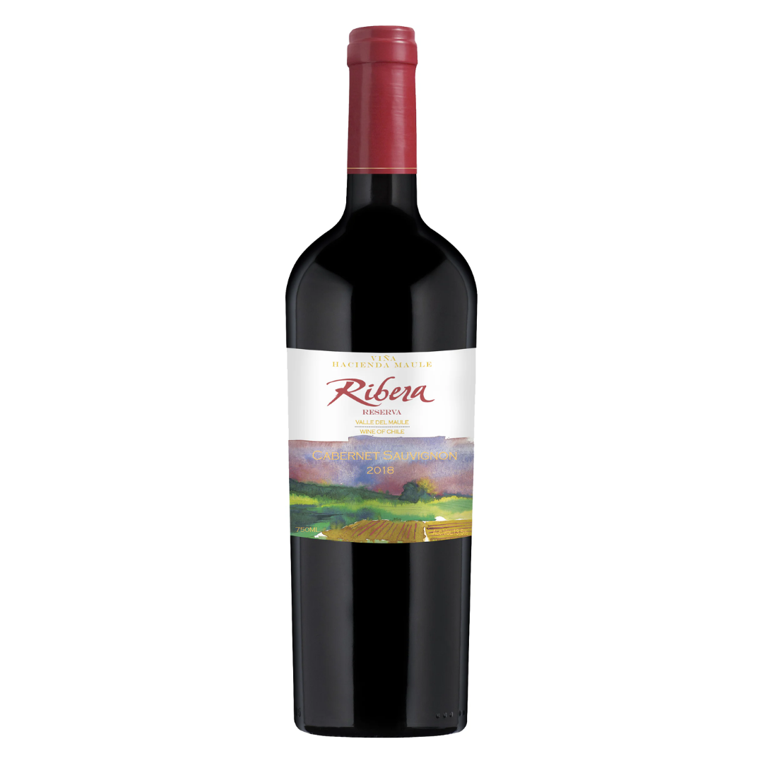 Garrafa do vinho tinto chileno Ribera Reserva Cabernet Sauvignon em fundo branco, destacando o rótulo frontal.